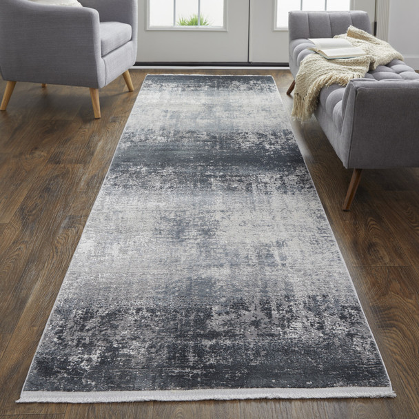 3' X 10' Gray Black And Silver Abstract Power Loom Distressed Runner Rug With Fringe