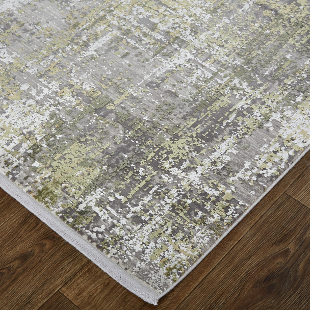 3' X 5' Green Gray And Ivory Abstract Power Loom Distressed Area Rug With Fringe