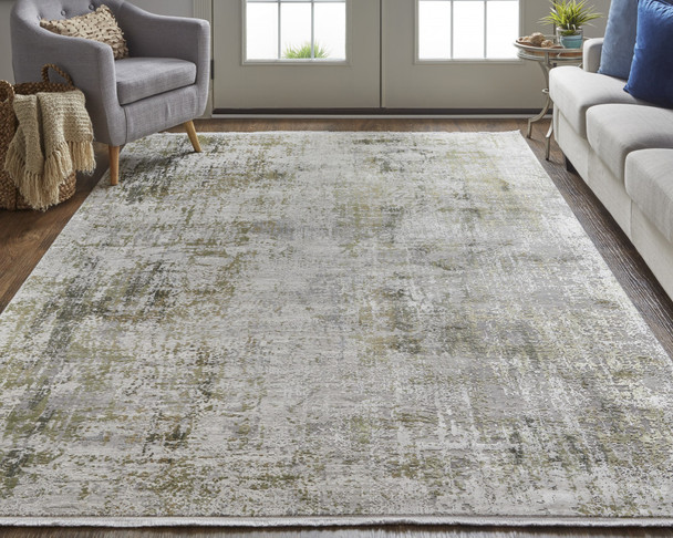 12' X 18' Green Gray And Ivory Abstract Power Loom Distressed Area Rug