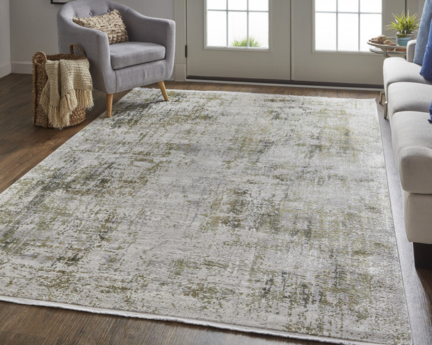 2' X 3' Green Gray And Ivory Abstract Area Rug With Fringe