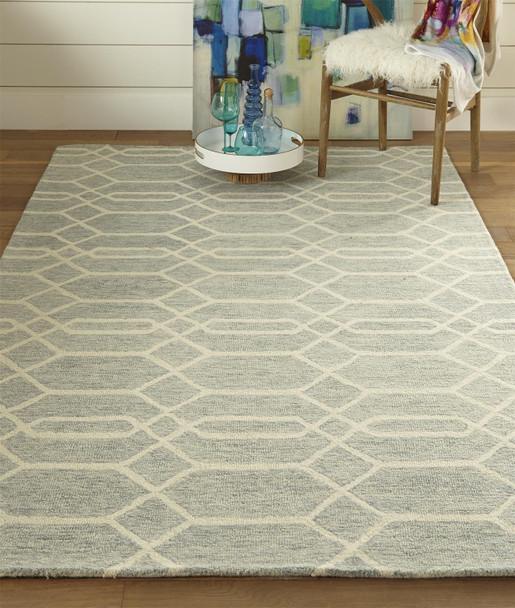 9' X 12' Blue And Ivory Wool Geometric Tufted Handmade Stain Resistant Area Rug