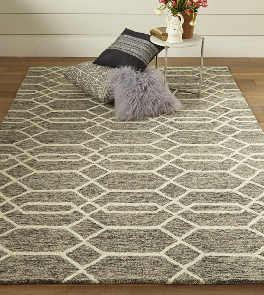 9' X 12' Gray Black And Ivory Wool Geometric Tufted Handmade Stain Resistant Area Rug