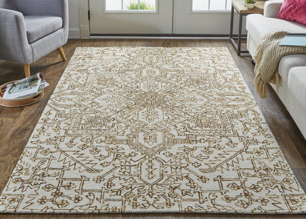 9' X 12' Ivory And Brown Wool Floral Tufted Handmade Stain Resistant Area Rug