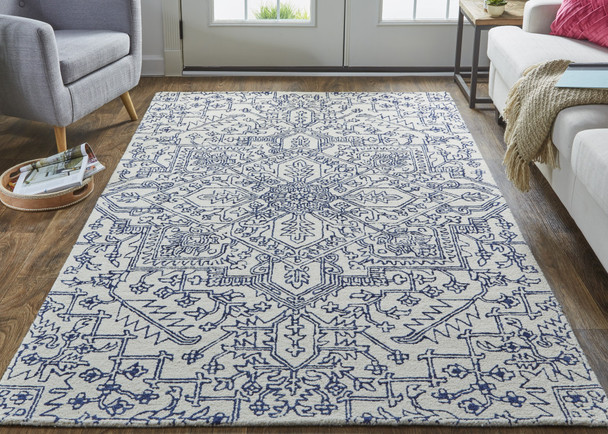 9' X 12' Ivory And Navy Wool Floral Tufted Handmade Stain Resistant Area Rug