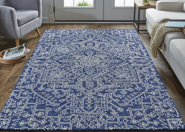 8' X 10' Blue And Ivory Wool Floral Tufted Handmade Stain Resistant Area Rug