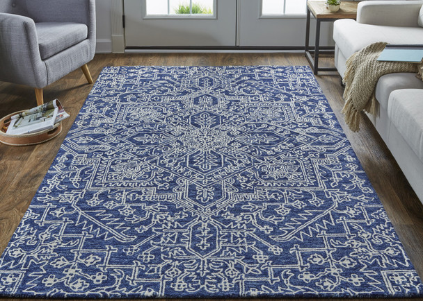 9' X 12' Blue And Ivory Wool Floral Tufted Handmade Stain Resistant Area Rug