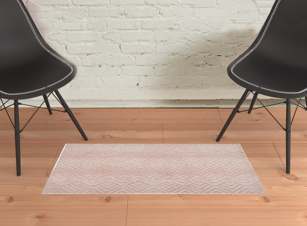 2' X 3' Pink And Ivory Geometric Stain Resistant Area Rug