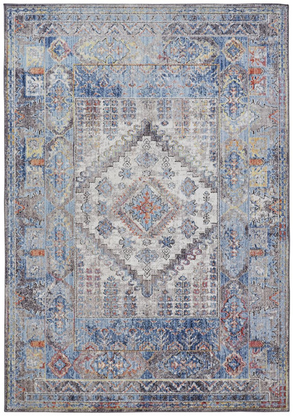 10' X 13' Blue Gray And Ivory Floral Stain Resistant Area Rug