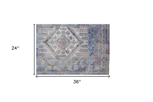 2' X 3' Blue Gray And Ivory Floral Stain Resistant Area Rug