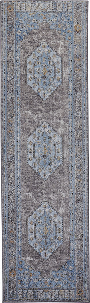 8' Blue Gray And Gold Floral Stain Resistant Runner Rug