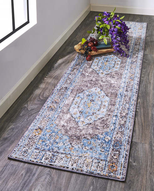 8' Blue Gray And Gold Floral Stain Resistant Runner Rug