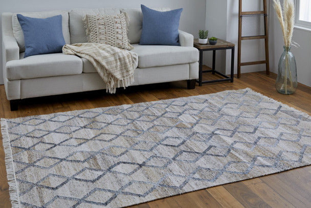 8' X 10' Gray Ivory And Tan Geometric Hand Woven Stain Resistant Area Rug With Fringe