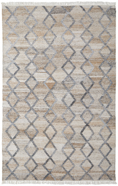 9' X 12' Gray Ivory And Tan Geometric Hand Woven Stain Resistant Area Rug With Fringe