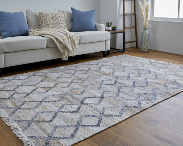9' X 12' Gray Ivory And Tan Geometric Hand Woven Stain Resistant Area Rug With Fringe