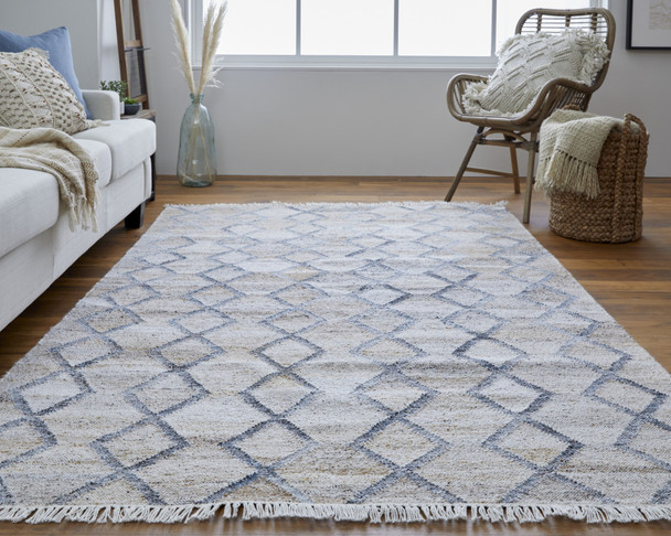 9' X 12' Gray Ivory And Tan Geometric Hand Woven Stain Resistant Area Rug With Fringe