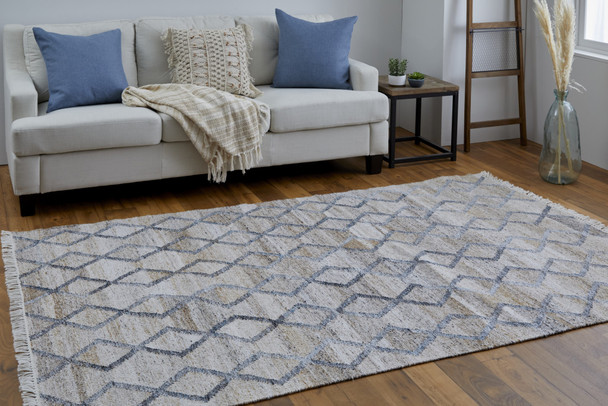 9' X 12' Gray Ivory And Tan Geometric Hand Woven Stain Resistant Area Rug With Fringe