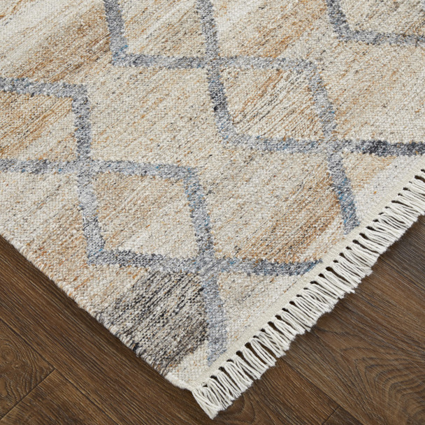 9' X 12' Gray Ivory And Tan Geometric Hand Woven Stain Resistant Area Rug With Fringe