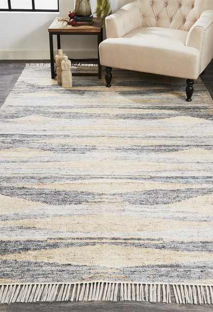 9' X 12' Gray Tan And Silver Abstract Hand Woven Stain Resistant Area Rug With Fringe