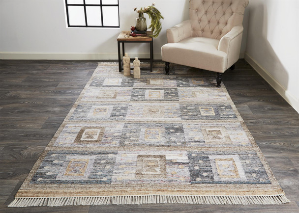 8' X 10' Gray Taupe And Tan Geometric Hand Woven Stain Resistant Area Rug With Fringe