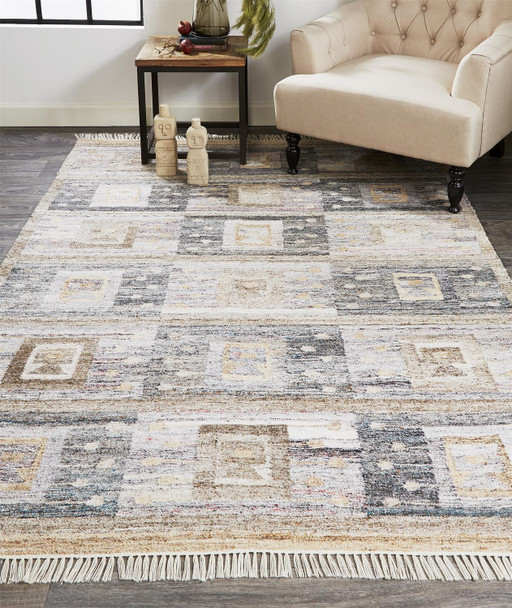 8' X 10' Gray Taupe And Tan Geometric Hand Woven Stain Resistant Area Rug With Fringe