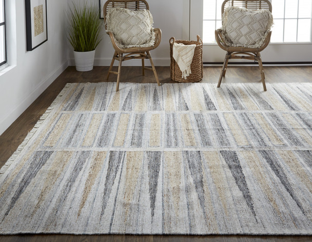 9' X 12' Tan Gray And Taupe Geometric Hand Woven Stain Resistant Area Rug With Fringe