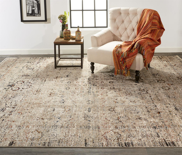 10' X 13' Taupe Ivory And Gray Abstract Distressed Area Rug With Fringe