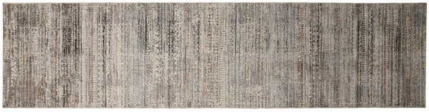 8' Ivory Gray And Black Abstract Distressed Runner Rug With Fringe