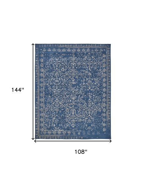9' X 12' Blue And Silver Wool Floral Tufted Handmade Distressed Area Rug