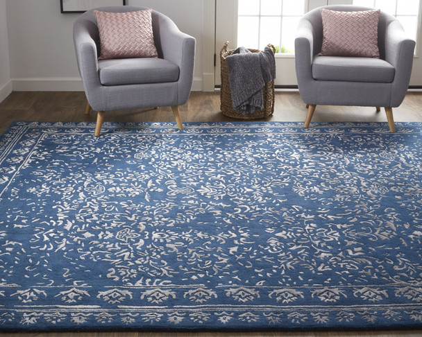 10' X 14' Blue And Silver Wool Floral Tufted Handmade Distressed Area Rug