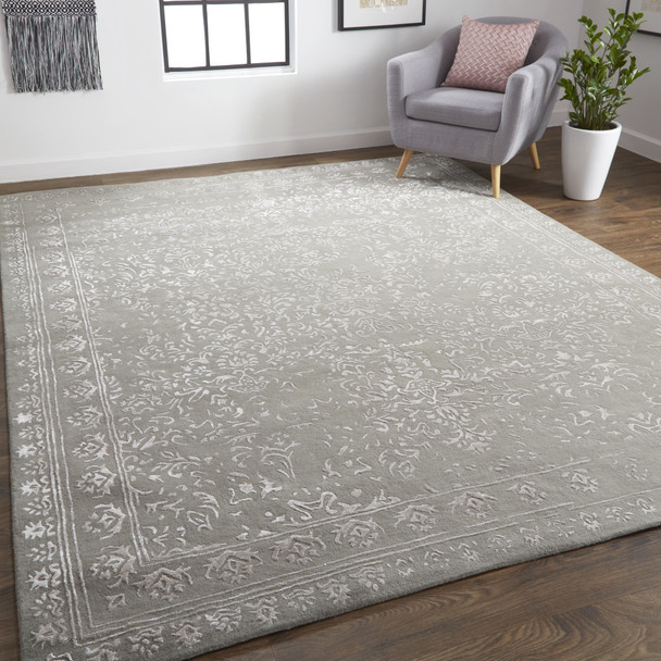 10' X 14' Gray Taupe And Silver Wool Floral Tufted Handmade Distressed Area Rug
