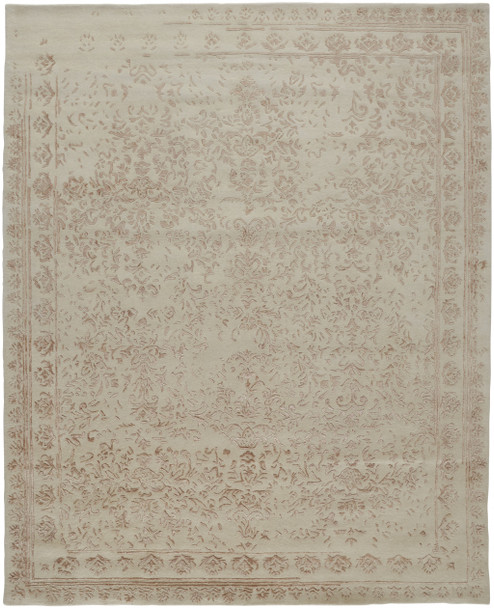 8' X 10' Ivory Tan And Pink Wool Floral Tufted Handmade Distressed Area Rug