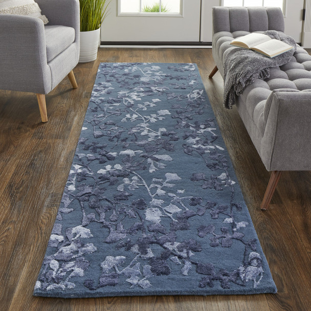 8' Blue Wool Floral Tufted Handmade Runner Rug