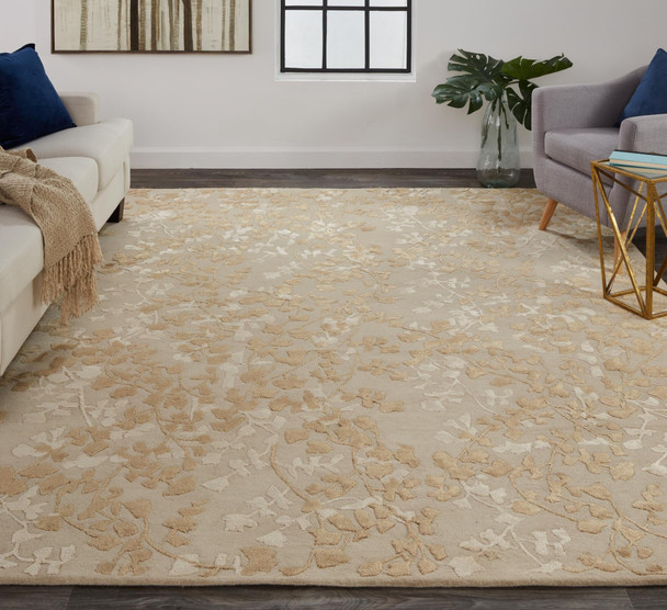 5' X 8' Ivory Tan And Gold Wool Floral Tufted Handmade Area Rug