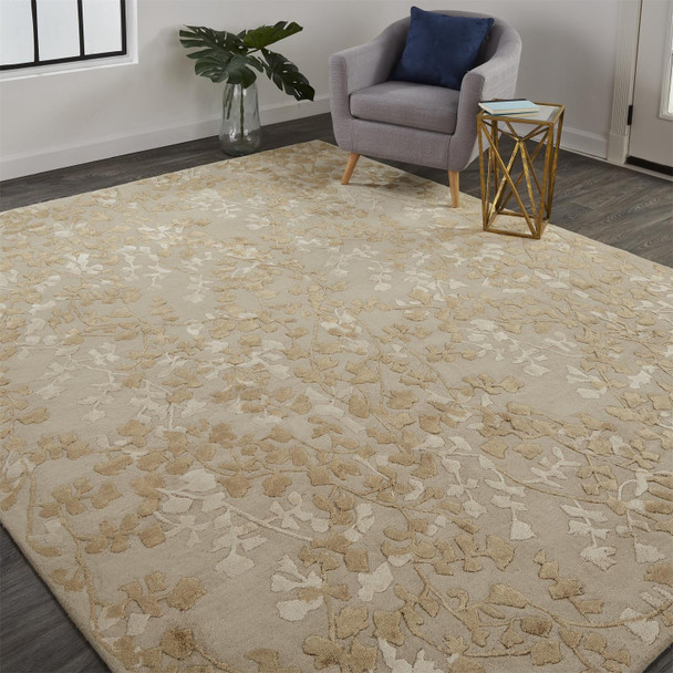 5' X 8' Ivory Tan And Gold Wool Floral Tufted Handmade Area Rug