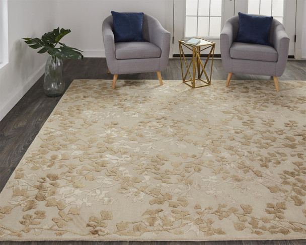 8' X 10' Ivory Tan And Gold Wool Floral Tufted Handmade Area Rug