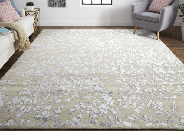 10' X 14' Tan Silver And Gray Wool Floral Tufted Handmade Area Rug