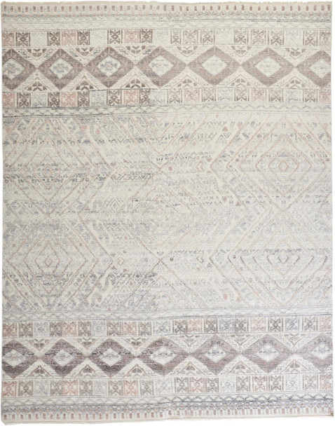 5' X 8' Gray Ivory And Pink Geometric Hand Knotted Area Rug