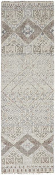 8' Gray Ivory And Pink Geometric Hand Knotted Runner Rug