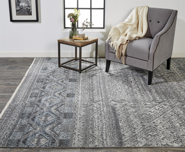 9' X 12' Gray Ivory And Blue Geometric Hand Knotted Area Rug