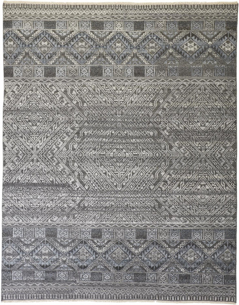 12' X 15' Gray Ivory And Blue Geometric Hand Knotted Area Rug