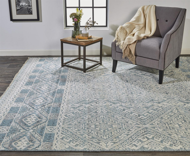 5' X 8' Ivory Blue And Gray Geometric Hand Knotted Area Rug