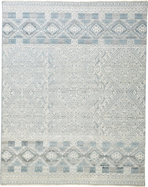 8' X 10' Ivory Blue And Gray Geometric Hand Knotted Area Rug