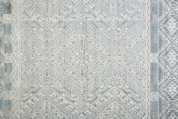 10' Ivory Blue And Gray Geometric Hand Knotted Runner Rug