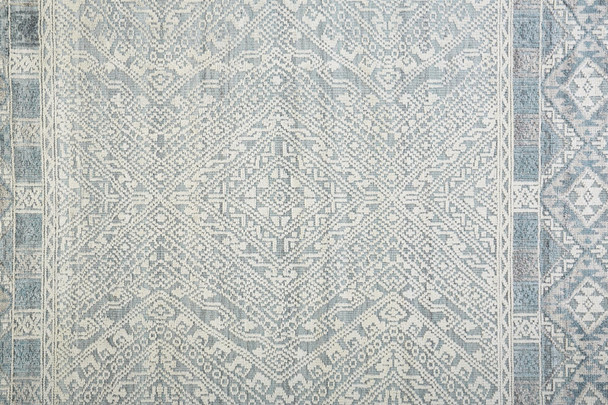 8' Ivory Blue And Gray Geometric Hand Knotted Runner Rug