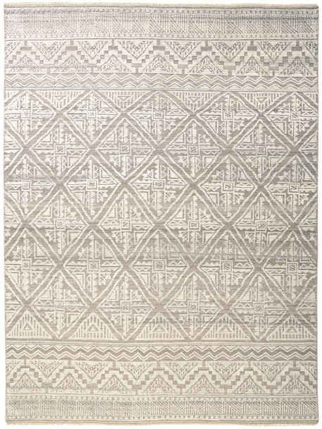 5' X 8' Ivory Tan And Gray Geometric Hand Knotted Area Rug