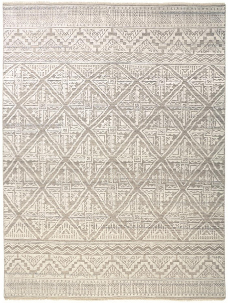 8' X 10' Ivory Tan And Gray Geometric Hand Knotted Area Rug