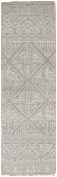 8' Ivory Tan And Gray Geometric Hand Knotted Runner Rug