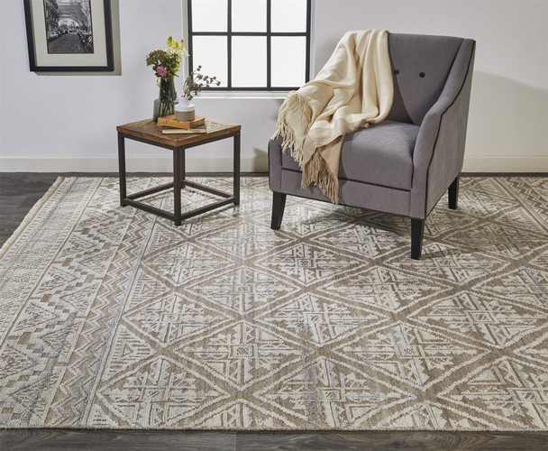 12' X 15' Ivory Tan And Gray Geometric Hand Knotted Area Rug