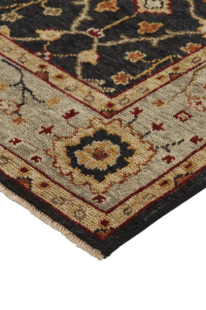 2' X 3' Black Gold And Gray Wool Floral Hand Knotted Stain Resistant Area Rug With Fringe