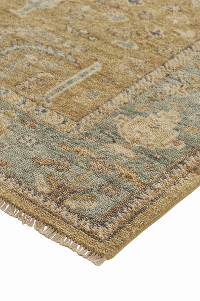 8' X 10' Gold Blue And Gray Wool Floral Hand Knotted Stain Resistant Area Rug With Fringe